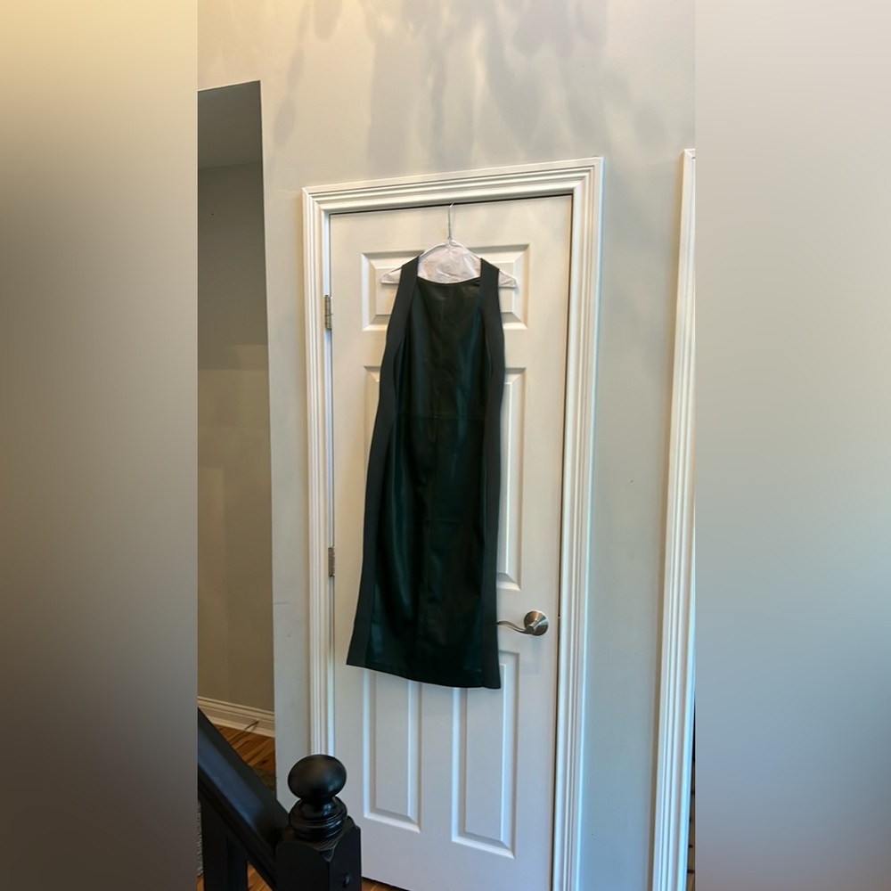 Ann Taylor Faux Leather Mixed Media Dark Green Knit Midi Dress Size 6 NWT